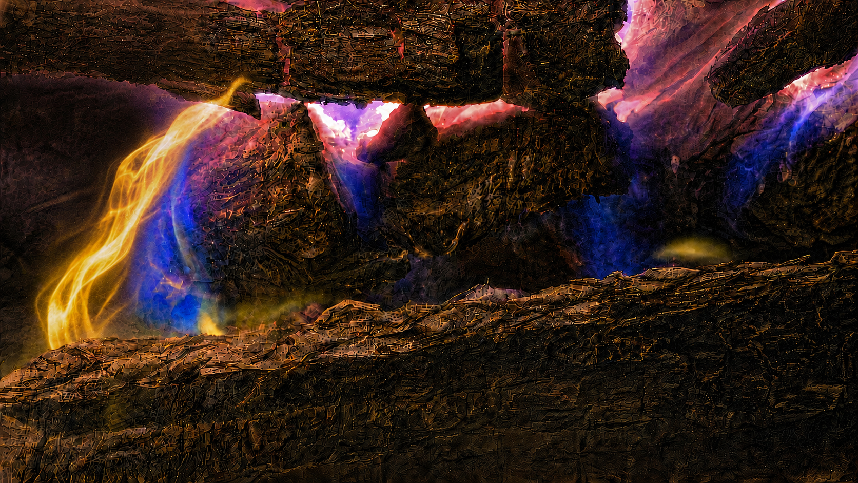 The Foundry Between Worlds — gold, blue, and magenta energy inside a dark mechanical cavern